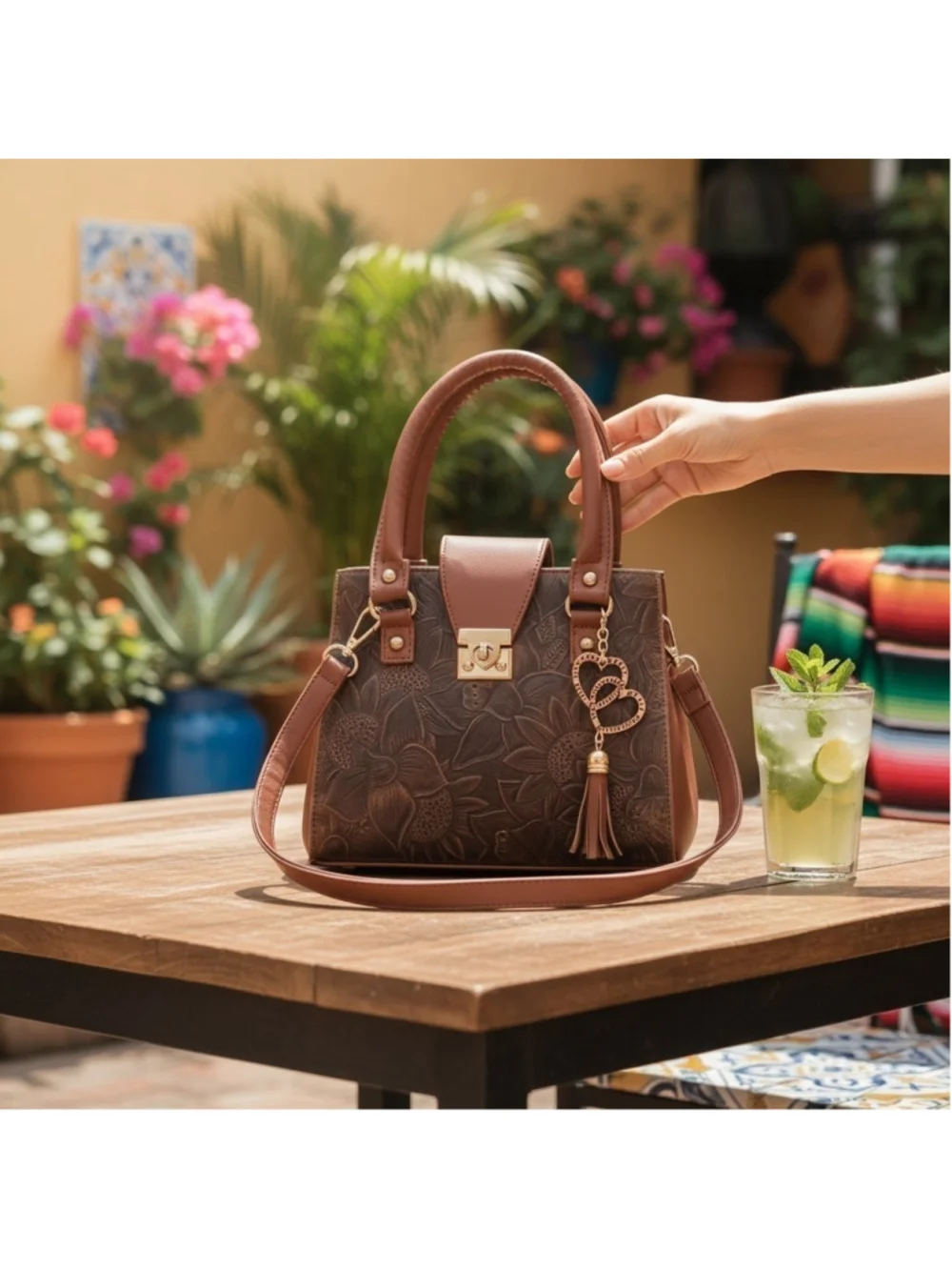 Chocolate Brown Tasseled Floral Embossed Tooled Artisan LEATHER Crossbody Purse
